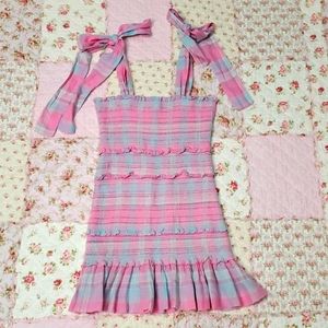 LoveShackFancy Pink and Blue Plaid Mini Dress